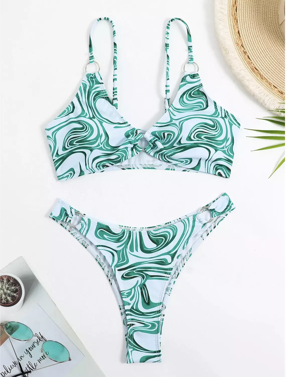 SHEIN Swim Summer Beach Random Allover Print Ring Linked Bikini Set hover image