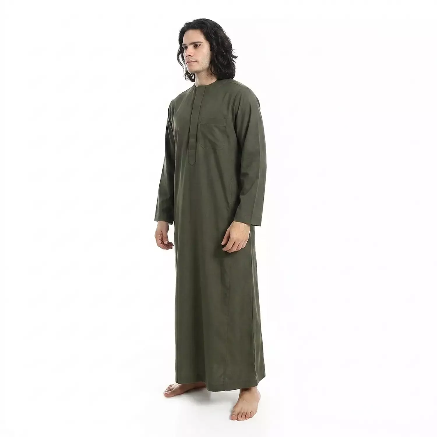  جلابيه رجالي كم طويل - قطن - 2590 - رمادي زيتوني 2