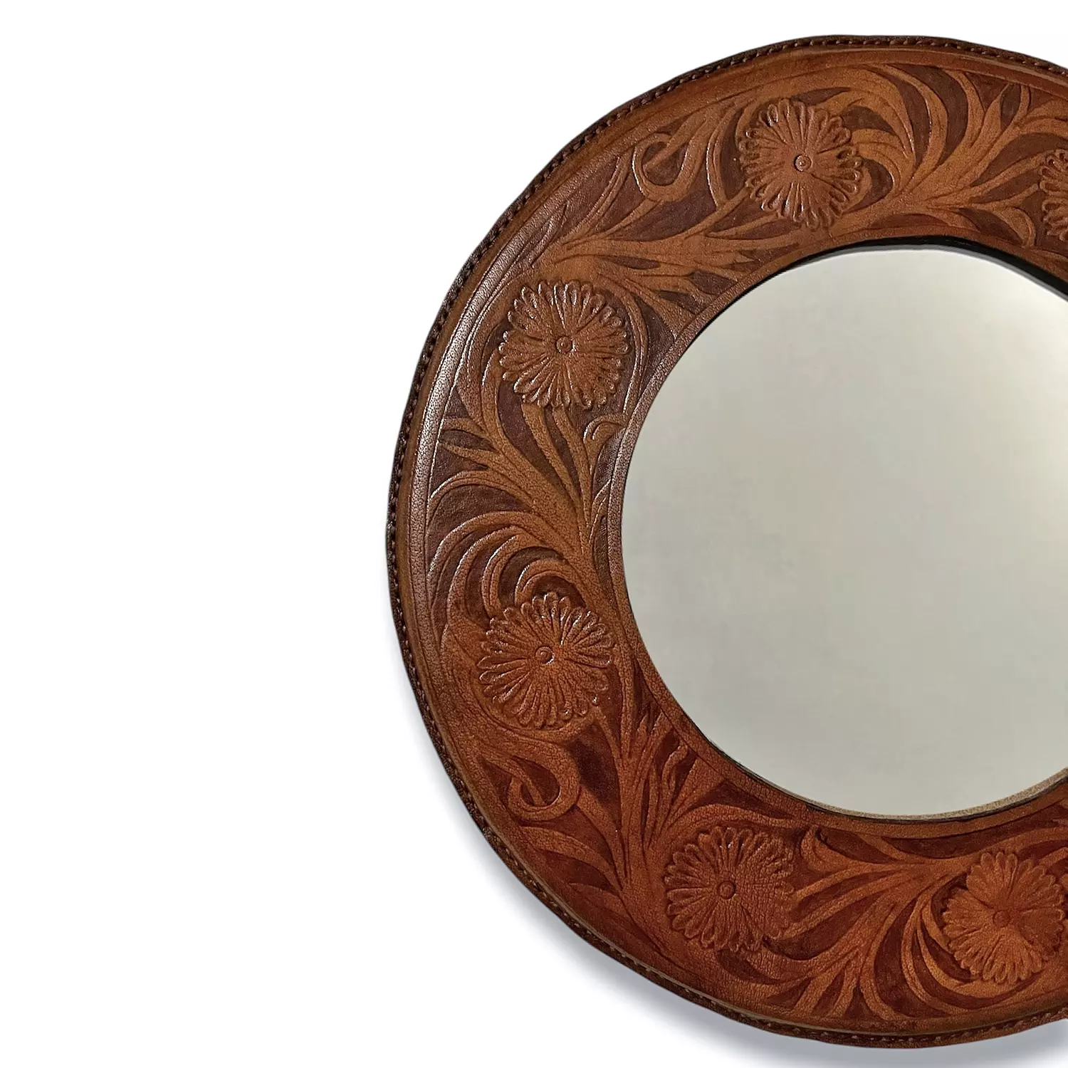 Tooled floral leather mirror hover image