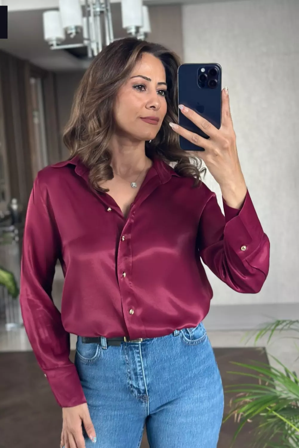 Burgundy satin shirt with gold buttons  image