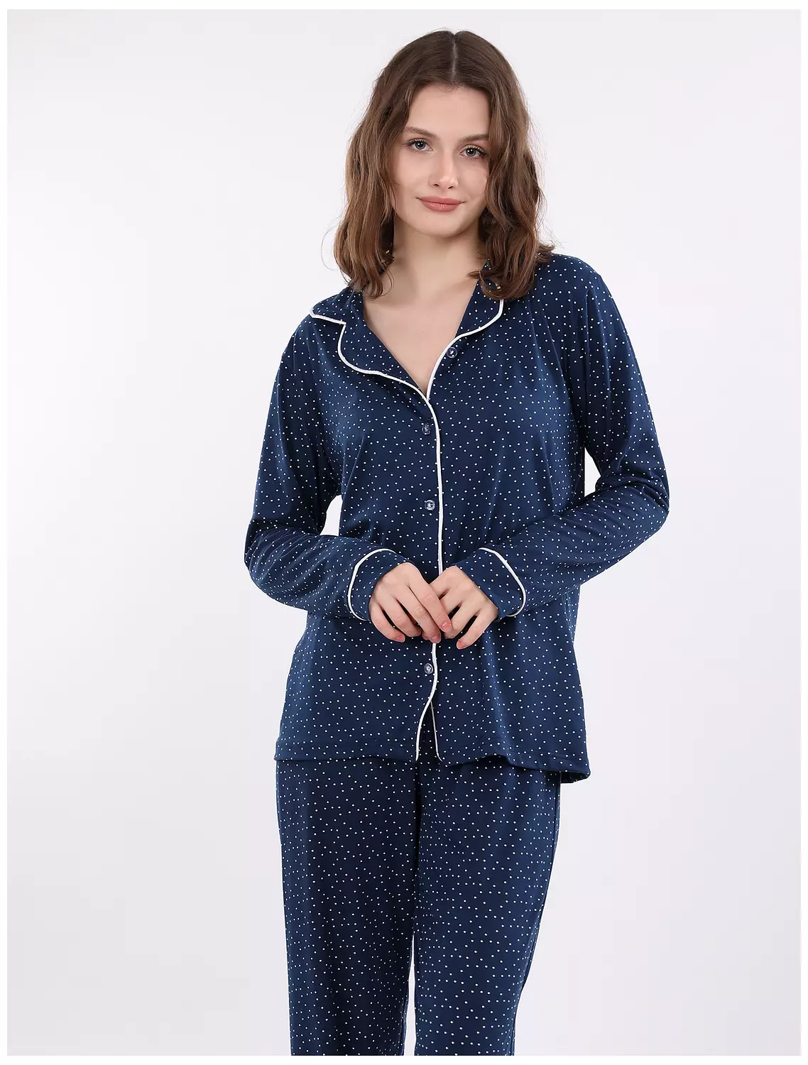 A401 Midnight Dots Buttoned Long Sleeved Pajama Set 1