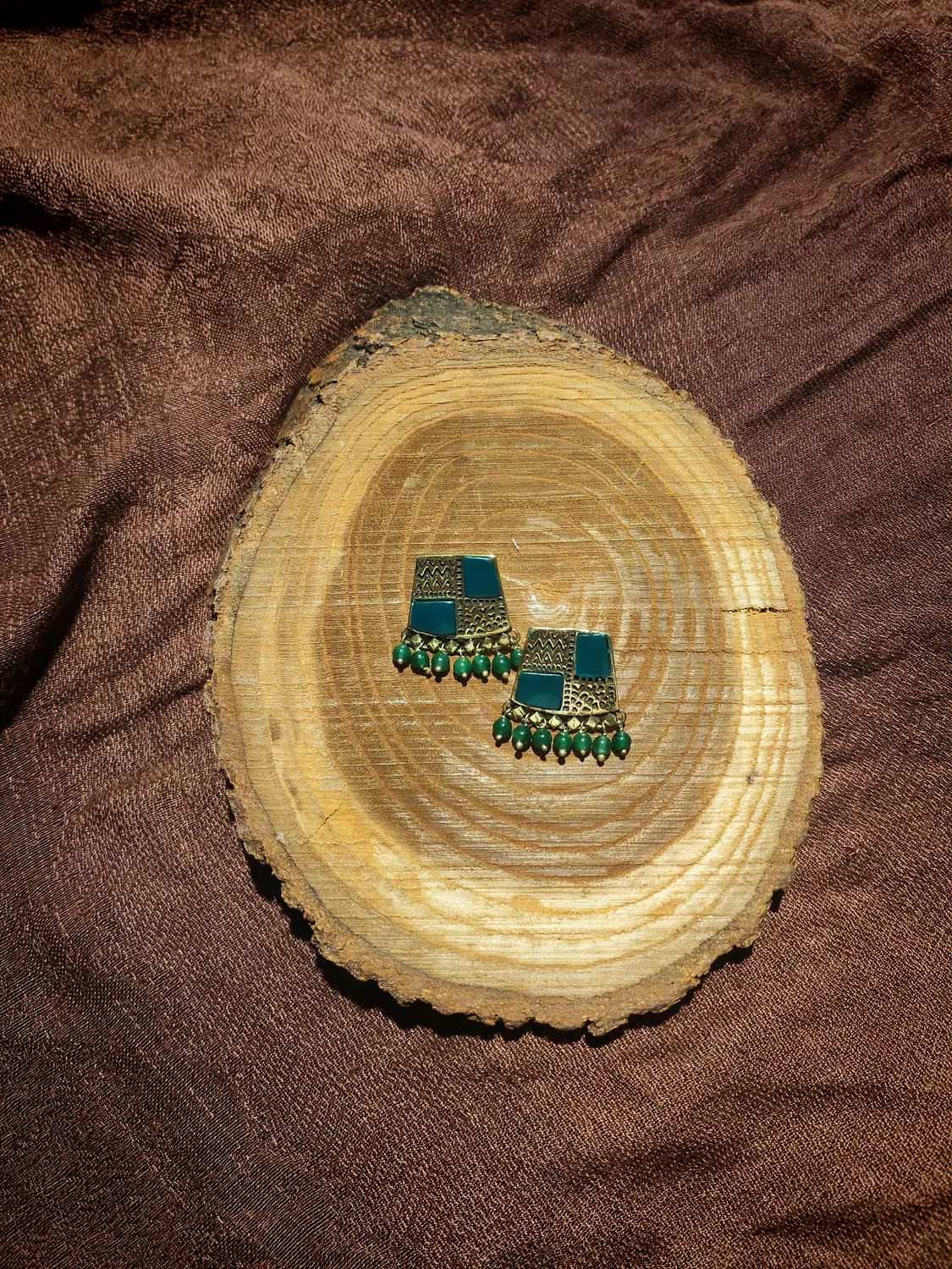 Brass earrings with green stones 3