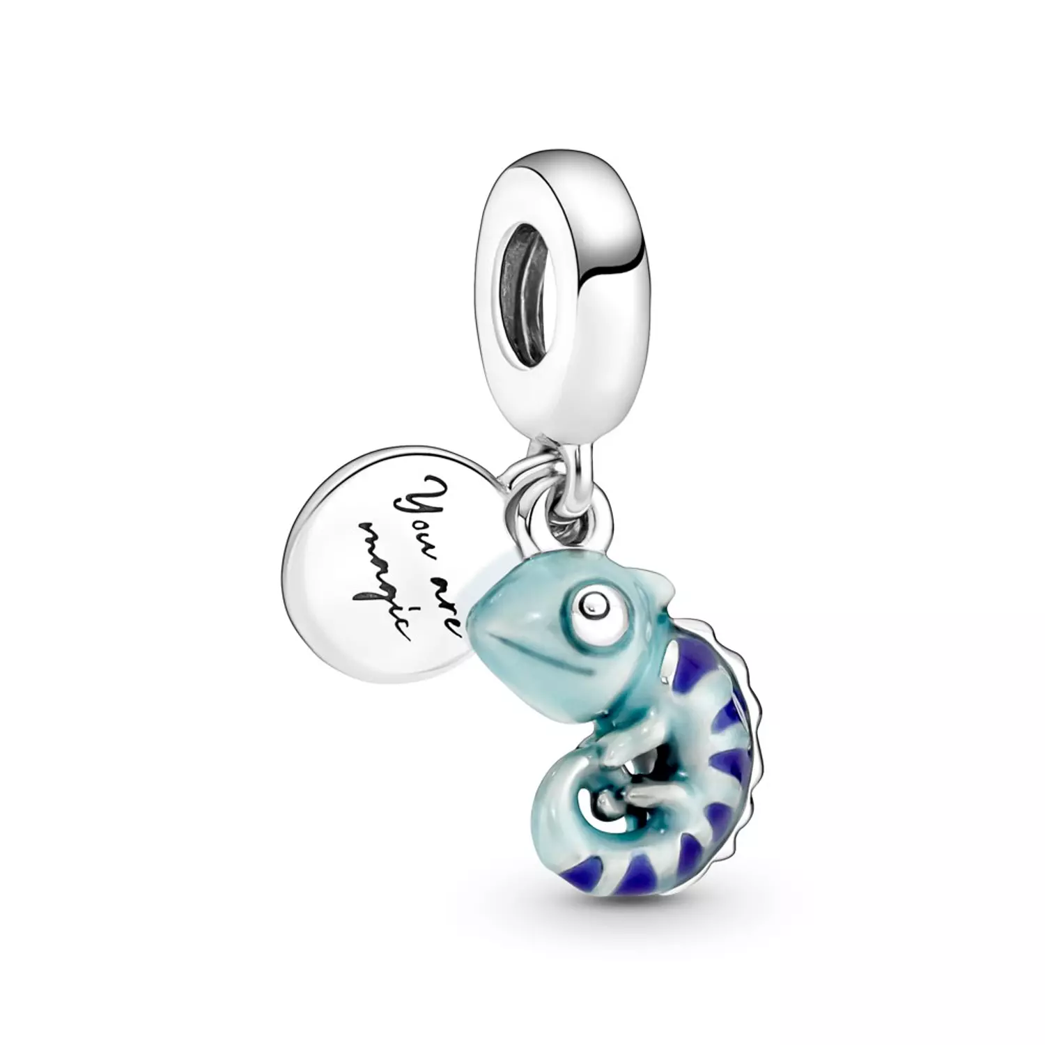 Chameleon sterling silver dangle with color changing light teal to dark teal, violet to pink enamel