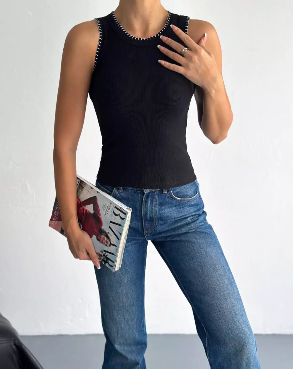 Basic Black Top with white stitches image