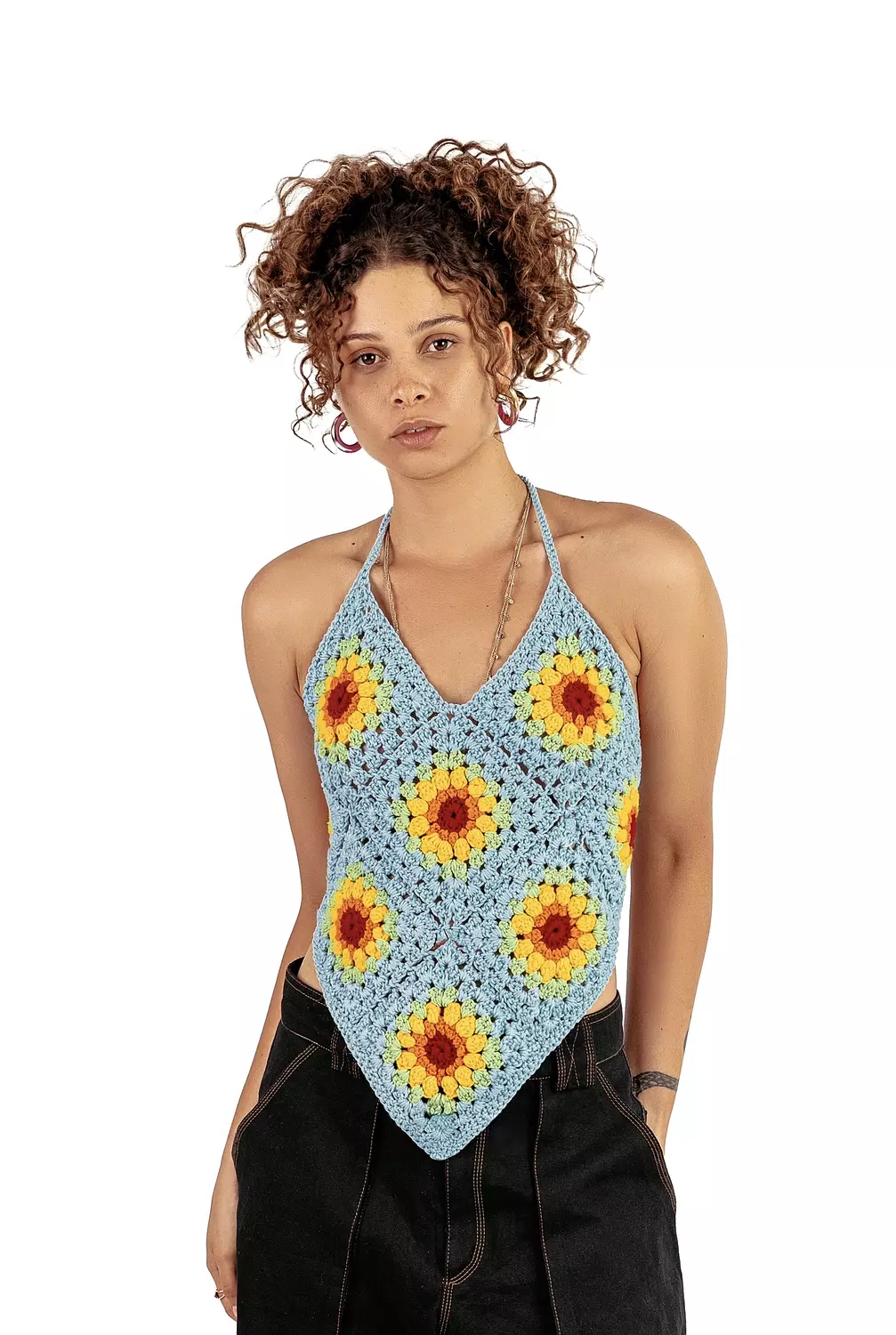 Backless sun flower crochet top in baby blue image