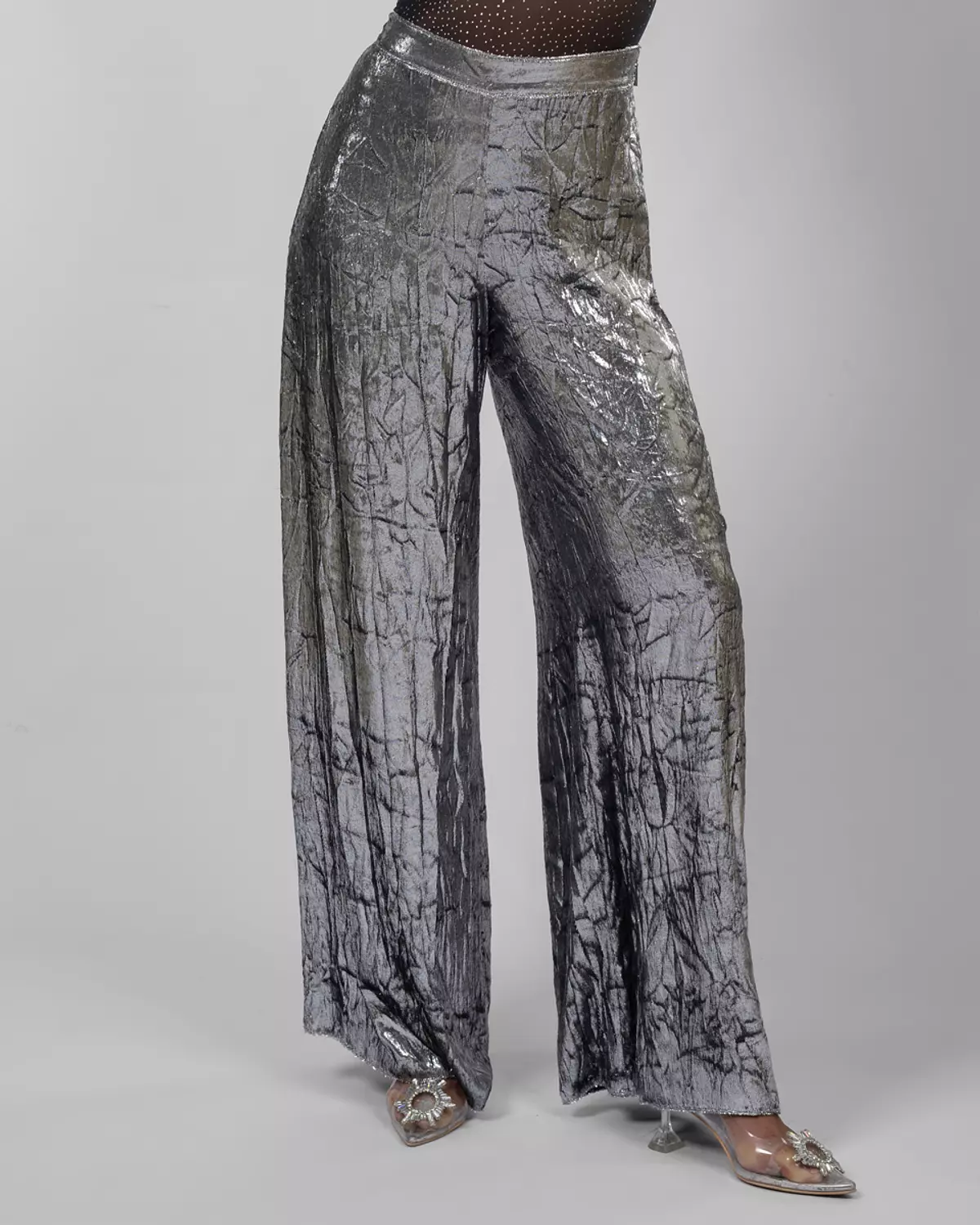 Silver Crushed-Texture Wide-Leg Pants image