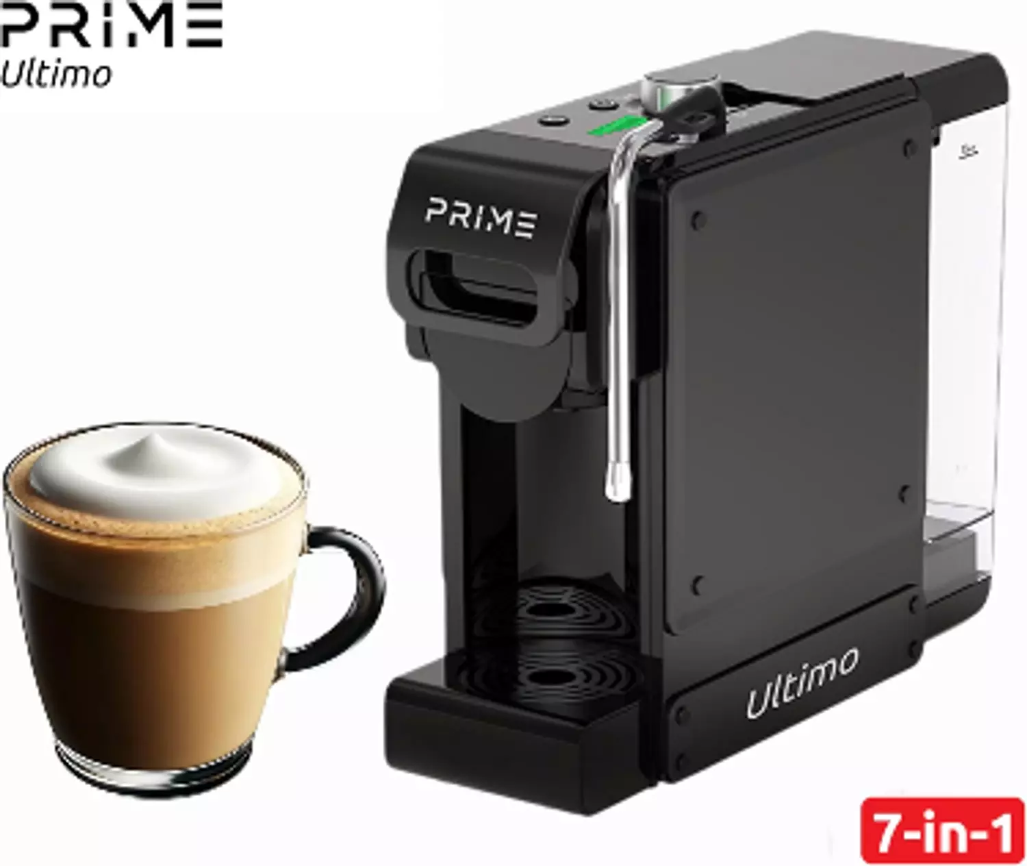 (Display units open carton )PRIME 7 in 1 Multifunction Espresso Coffee Machine -Milk Foam Nozzle for Milky Coffee drinks, Coffee Machine with 1 L Water Tank, 4 Optional Adaptors, 350 ml milk pitcher included, All types of capsules & Ground espresso , Cold Brew Feature, all in One Coffee Machine hover image