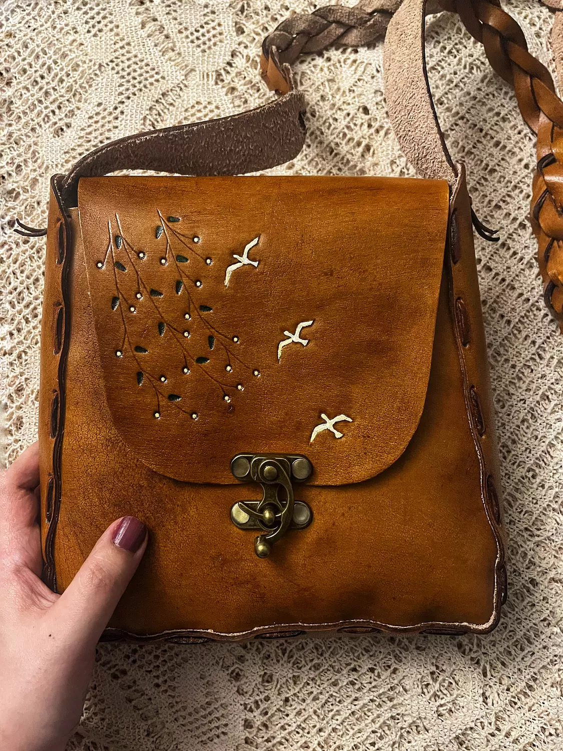 Birds & branches tooled leather bag hover image