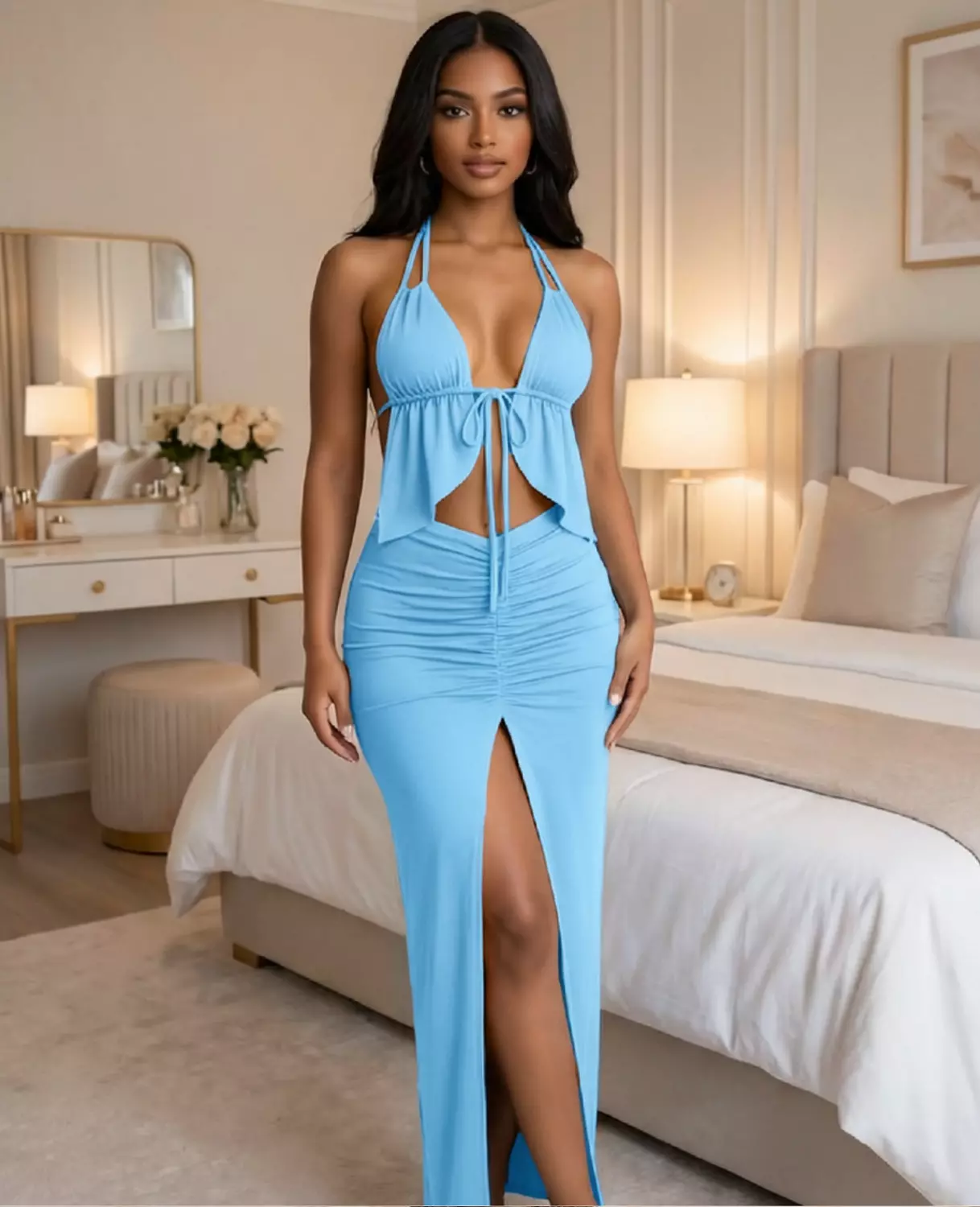 Halter Crop Top & Ruched Slit Maxi Skirt image