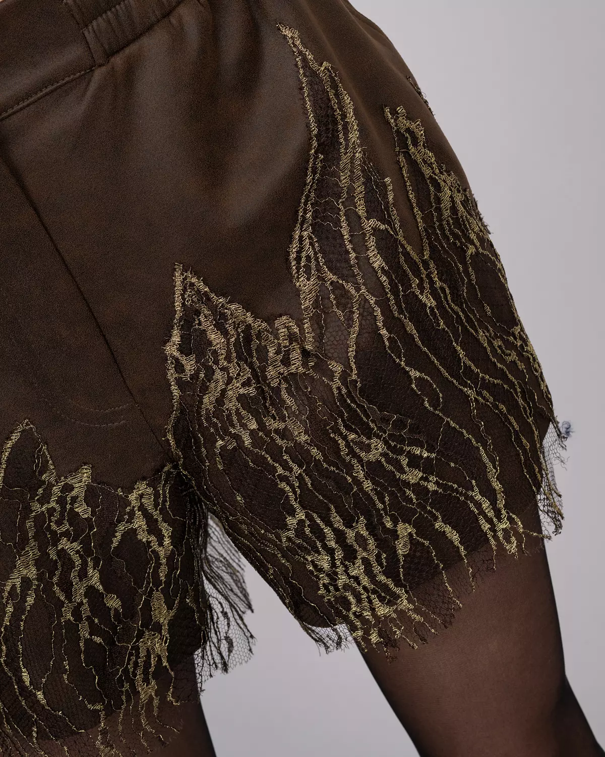 Brown Faux Leather Shorts with French Lace Hem 4