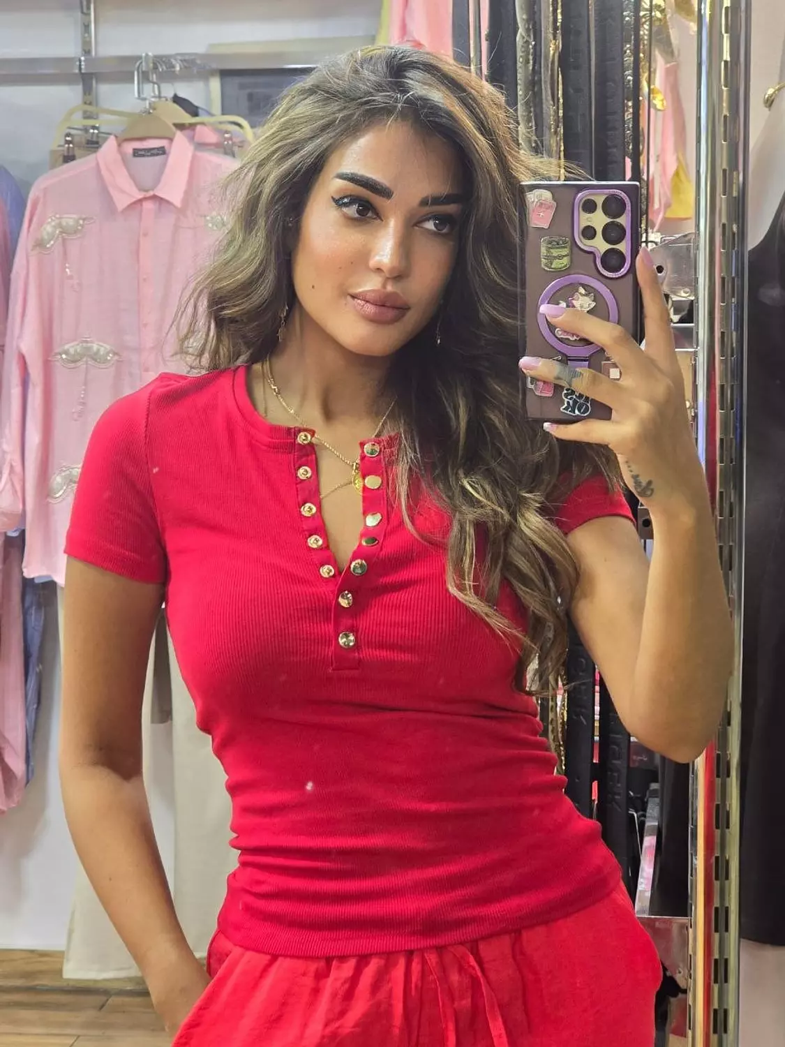 Red Karol top with gold buttons  image