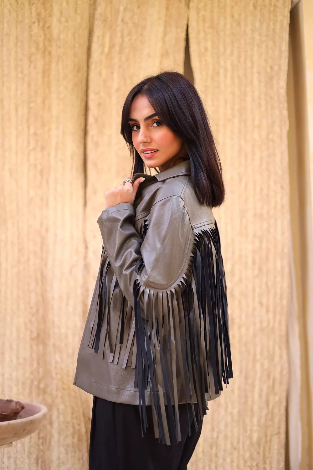 FRINGES JACKET IN OLIVE GREEN 2