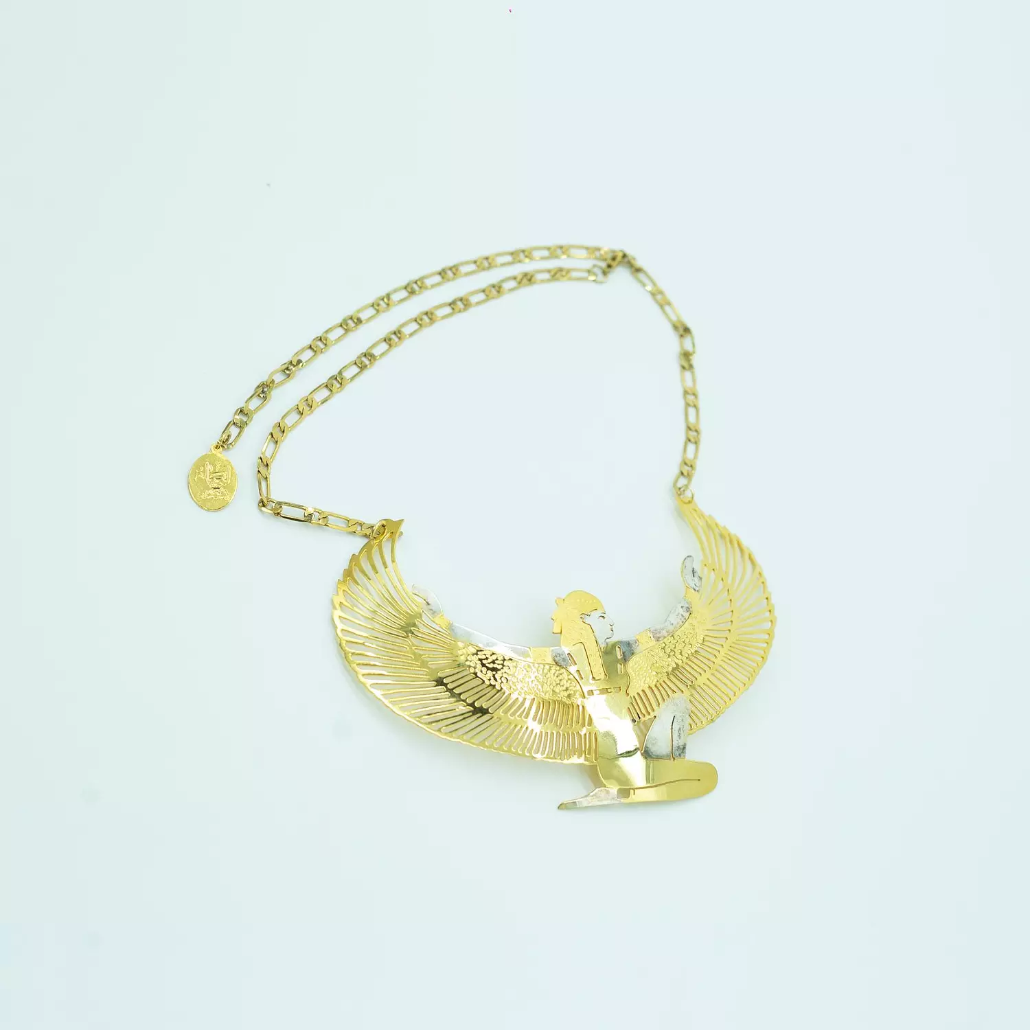 Very fine hand-carved copper chain, gold and platinum plated - 60 cm - Winged Queen Isis 2