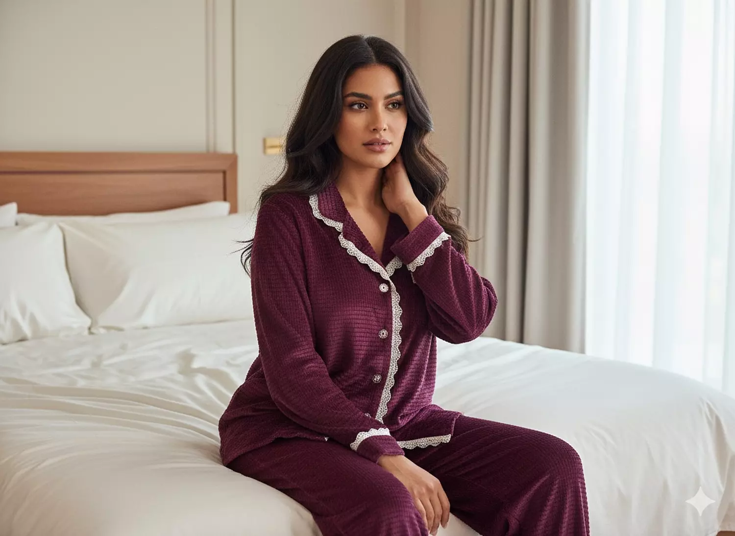 Velvet Burgundy Waffle Jacquard Pajamas 4