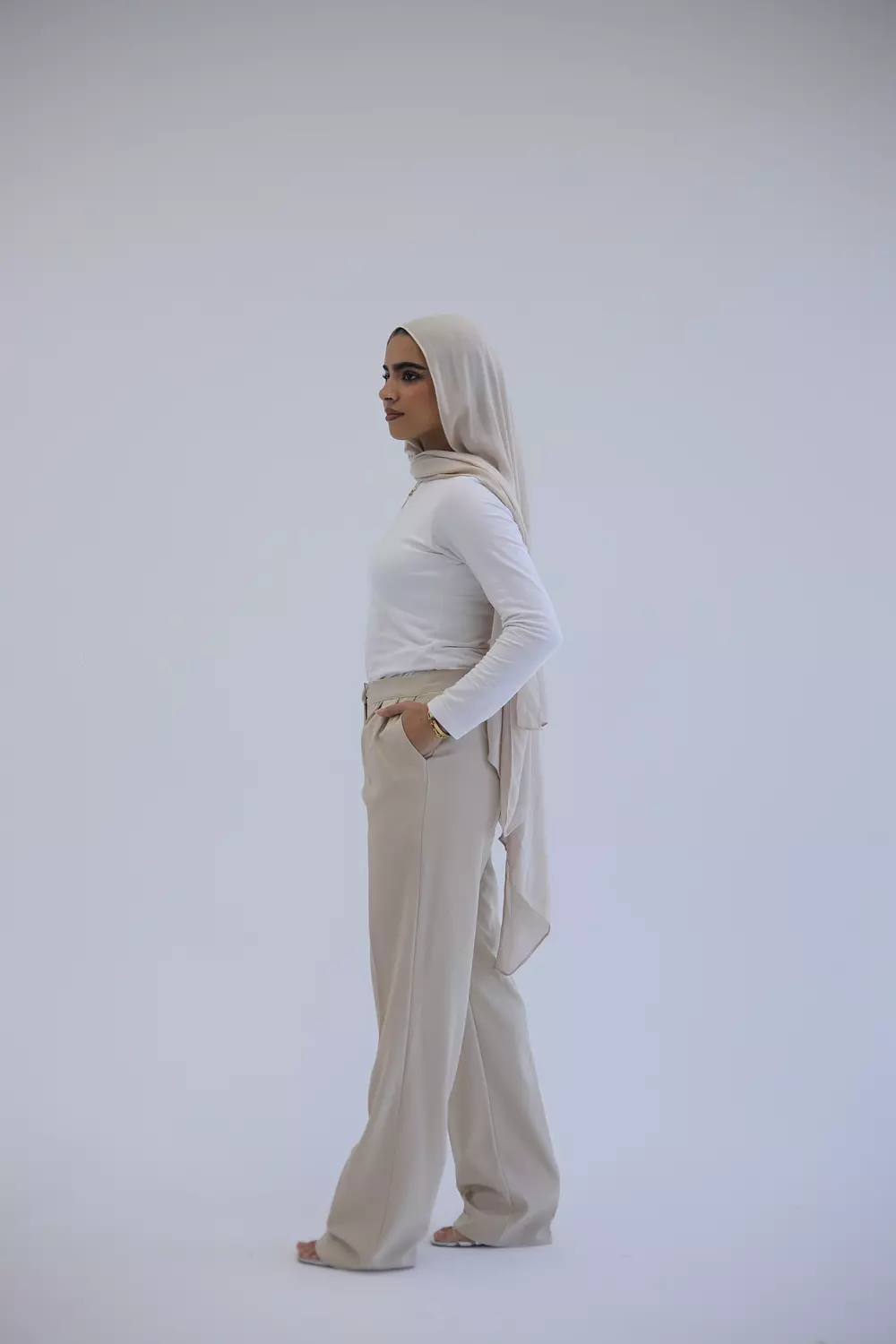 Beige classic pant with button waist image