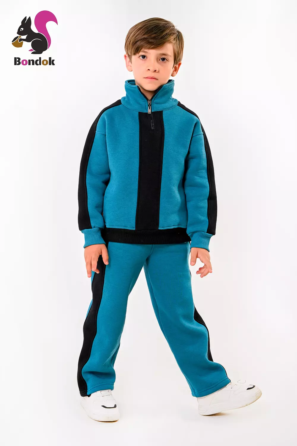 BONDOK Boys’ Winter Black-Strip Tracksuit – High-Neck Half-Zip Sweatshirt & Joggers Set – Cozy Melton , Ages 4–14 16