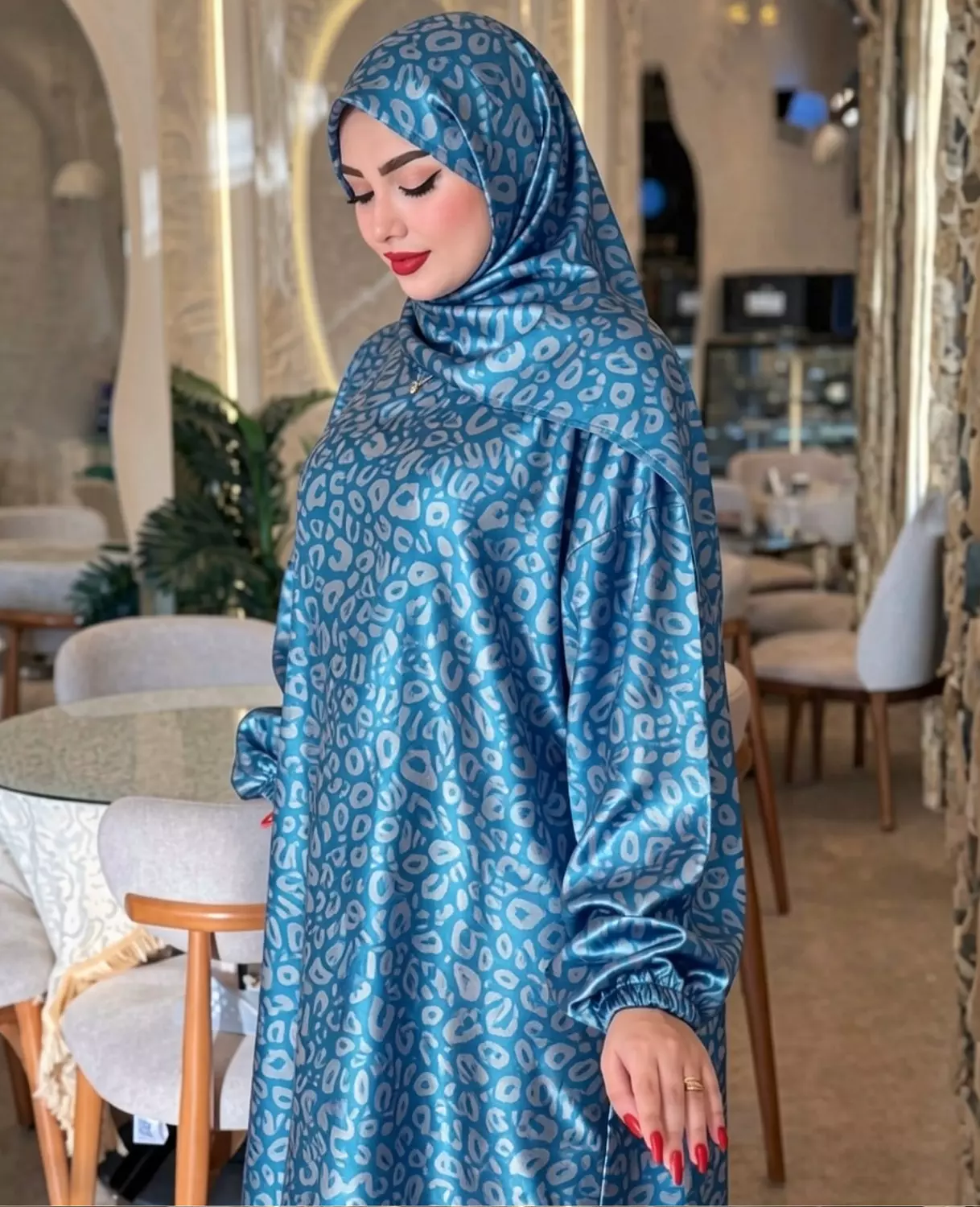 Print Satin Isdal with Attached Hijab 5