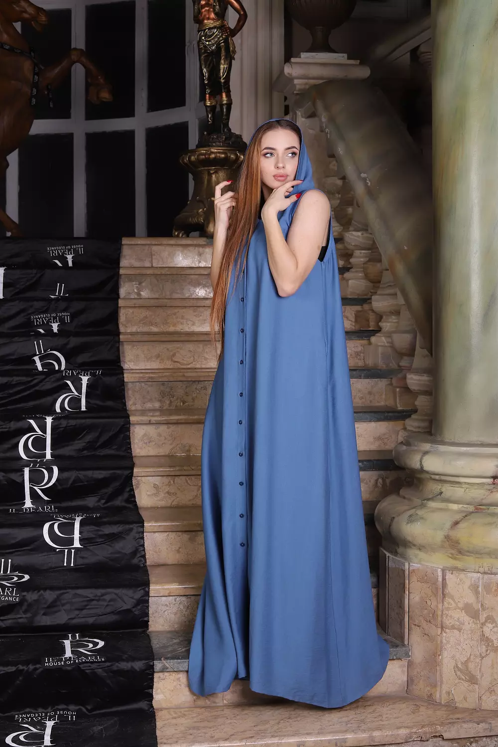 Hooded Soft Linen Cut Dress - Blue image