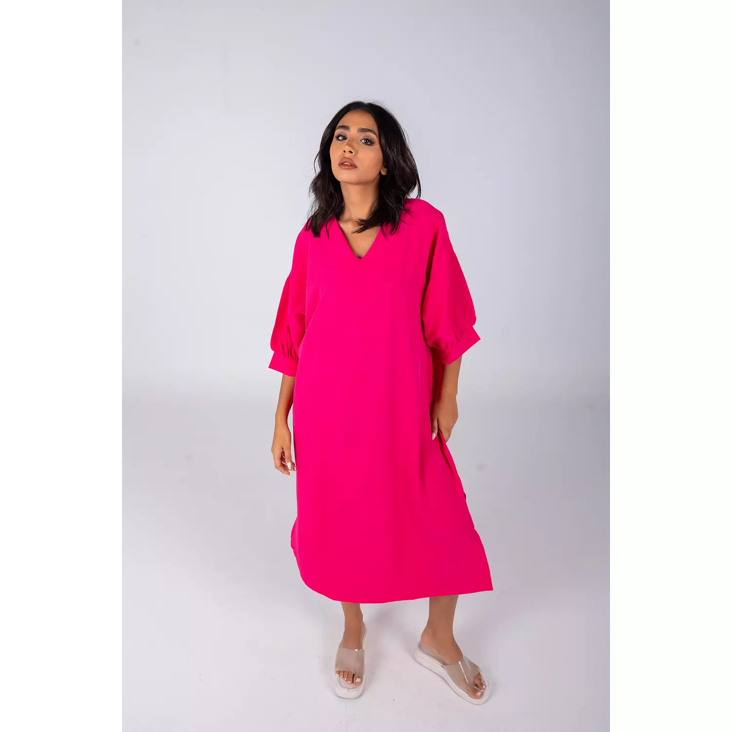 Hot Pink Plain Linen Dress image