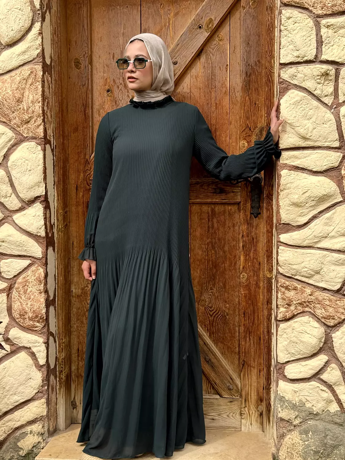 Chiffon Pleated Dress | Olive hover image