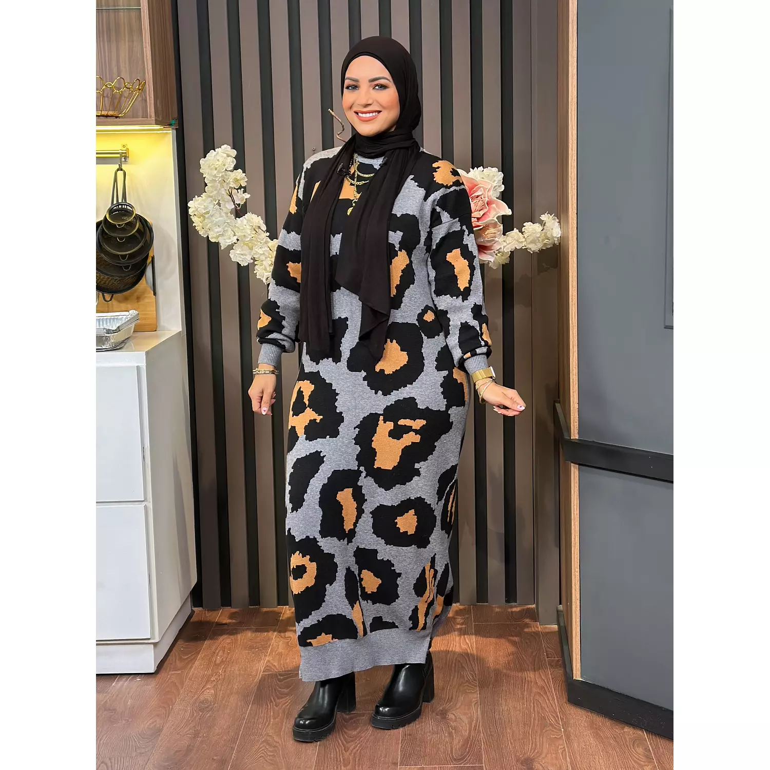 Tiger Printed Knitted Dress - Gray and Camel  hover image