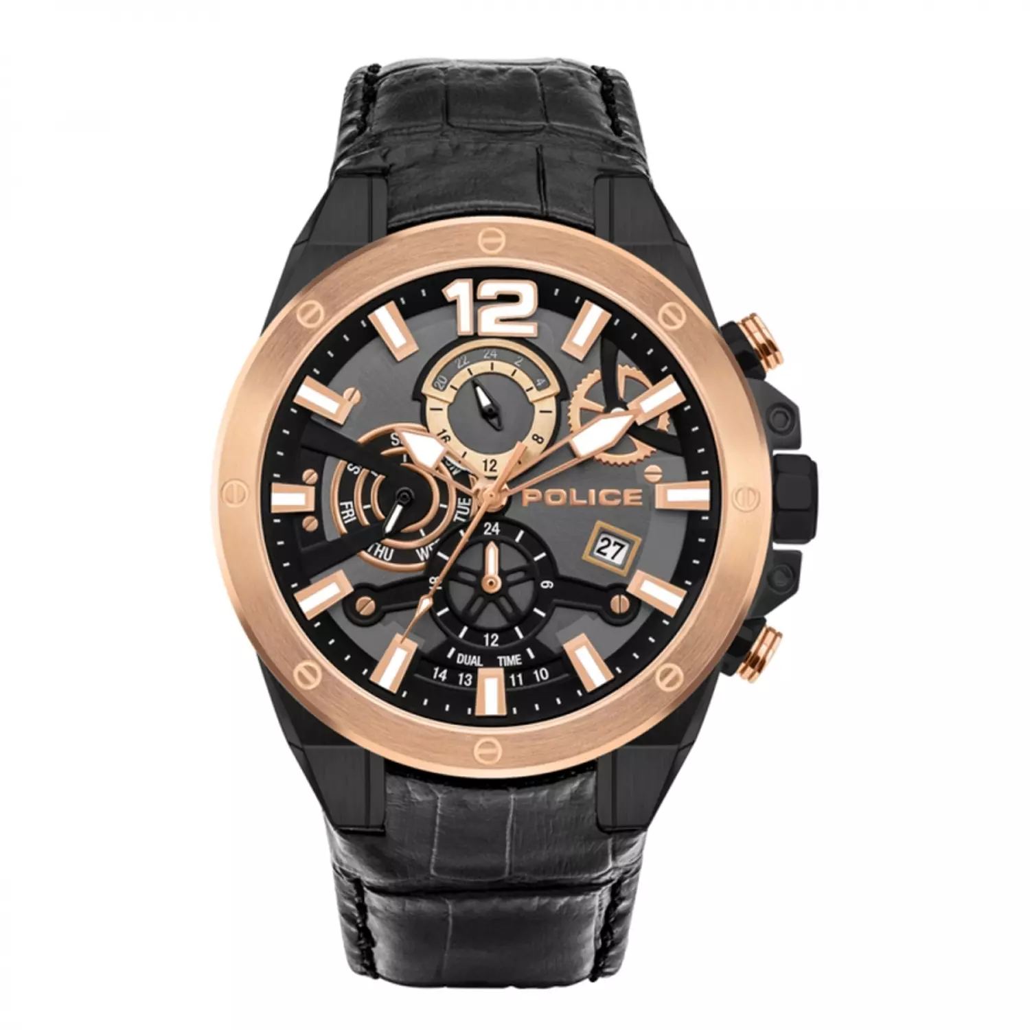 Police Men Watch PL.15711JSBR/61 IP Gunmetal Stainless Steel Case IP Rose Gold Bezel/ Black Chronograph Dial Black Leather Strap