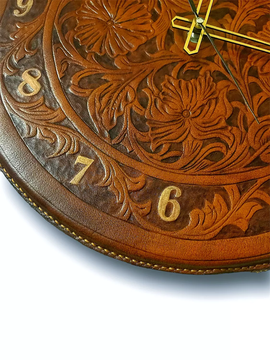 Tooled floral leather wall clock with numbers 4
