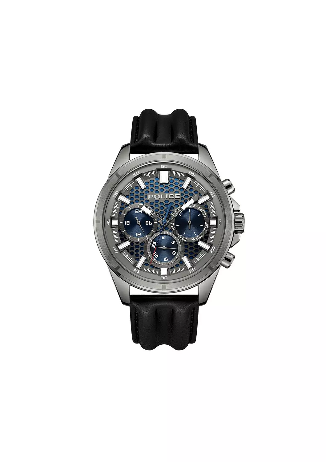 Police Men Watch PEWJF2204102 IP Gunmetal Case, Grey & Blue Dial, Black Leather Strap