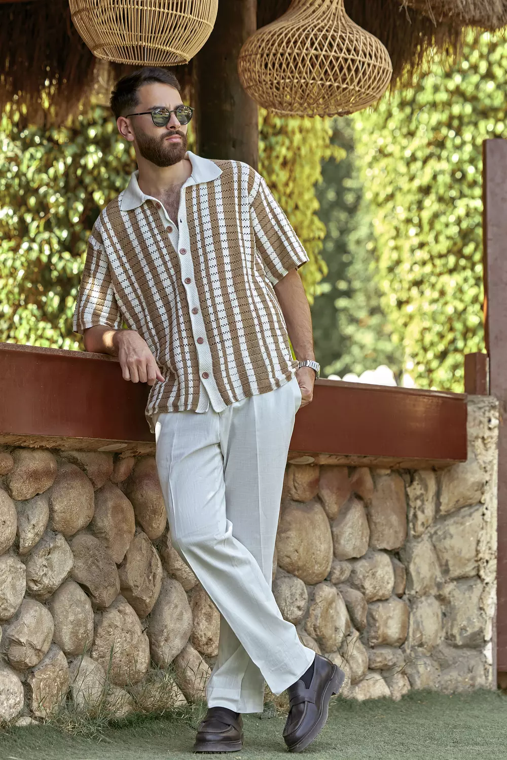 Retro Striped Crochet Button-Up Shirt 4