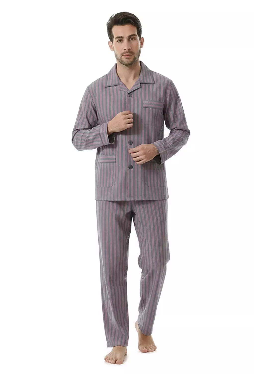 بيجاما رجالي مقلم كم طويل - 2393- مخطط باللون رمادي *احمر image