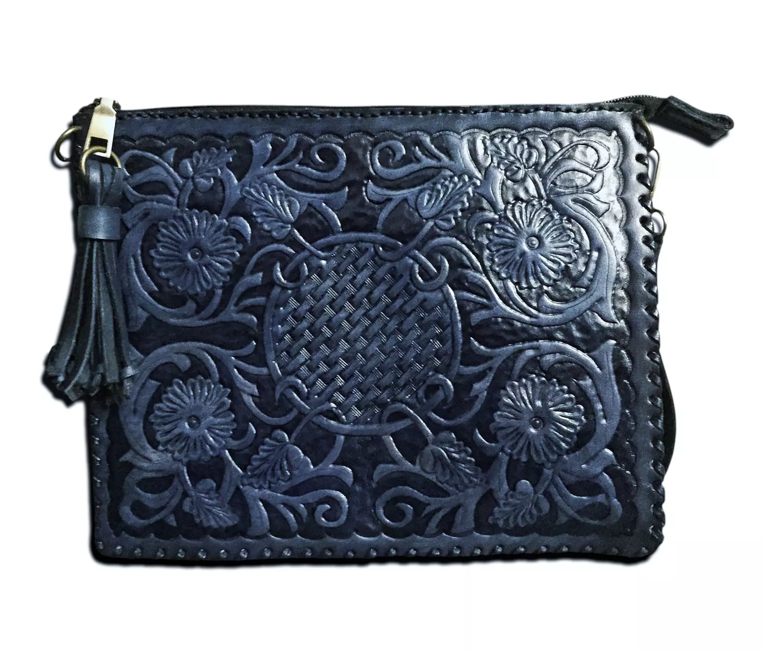 Floral basket tooled leather clutch 10