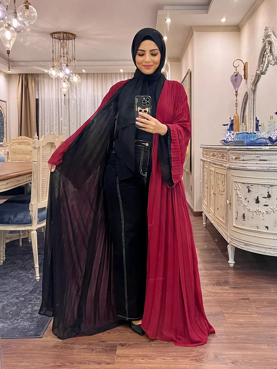 Double-faced Pleated Open Abaya- Black & Maroon
