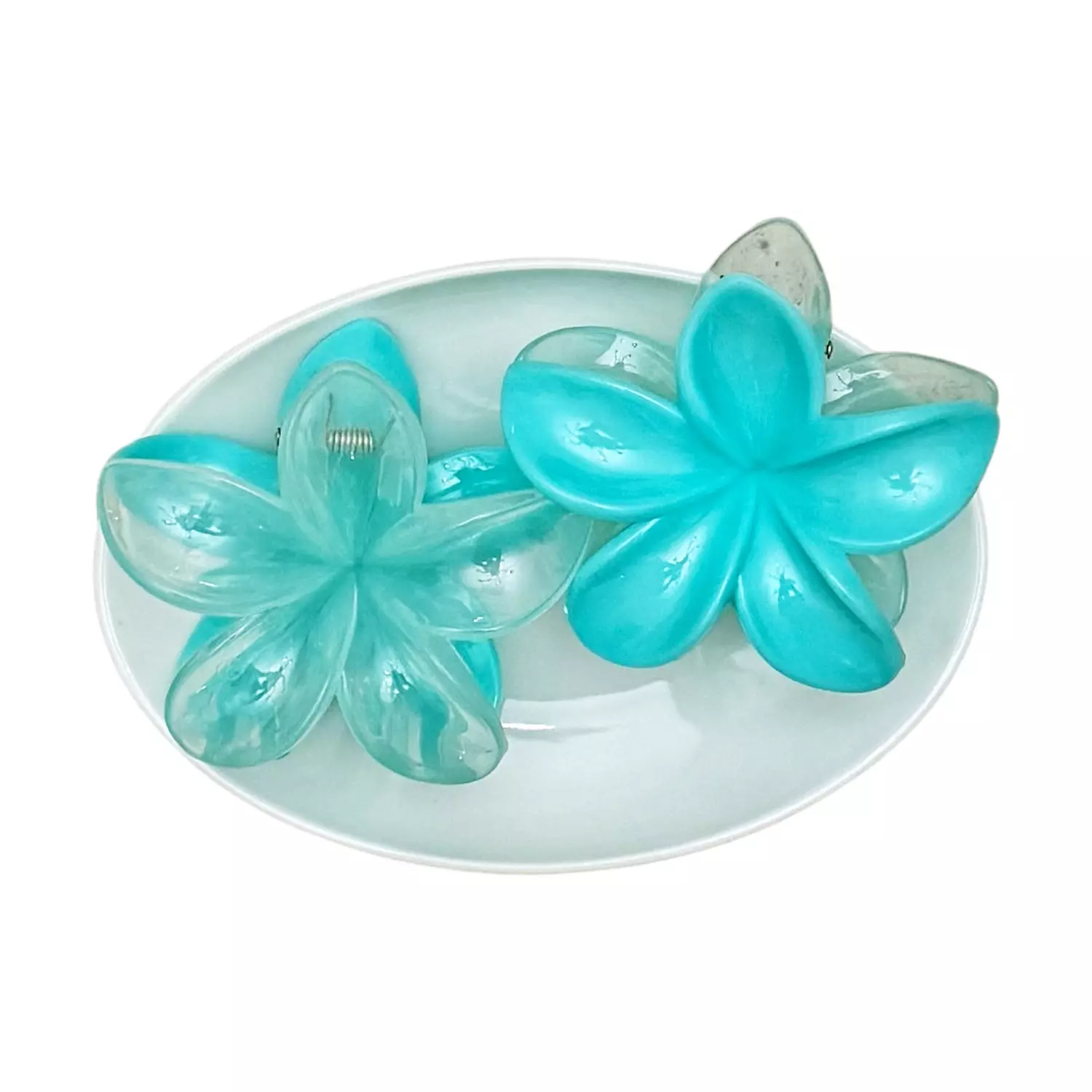 <p>Turquoise Double Sided Hawaiian Flower Claw Clip</p>