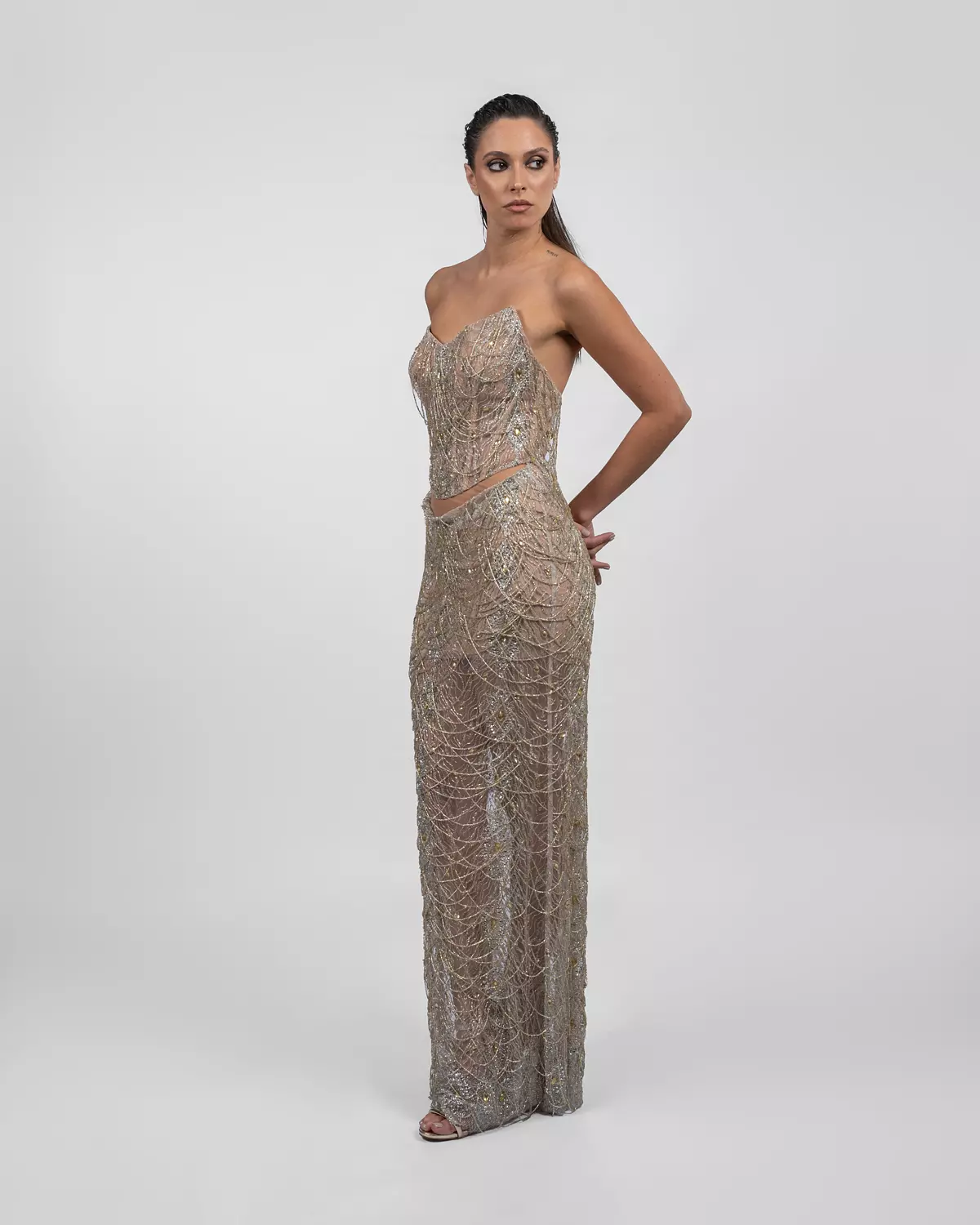 Golden Cascade Two-Piece Evening Gown hover image