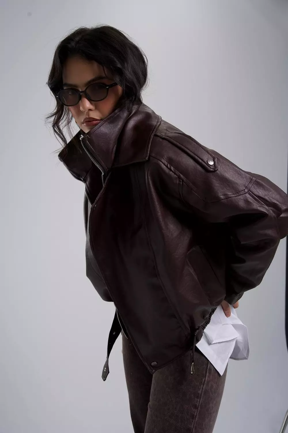 Zipper Collar Leather Bomber  2