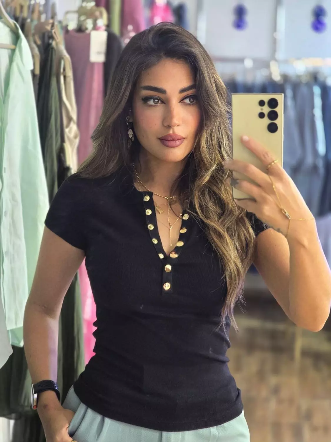 Black basic Karol top with gold buttons  hover image