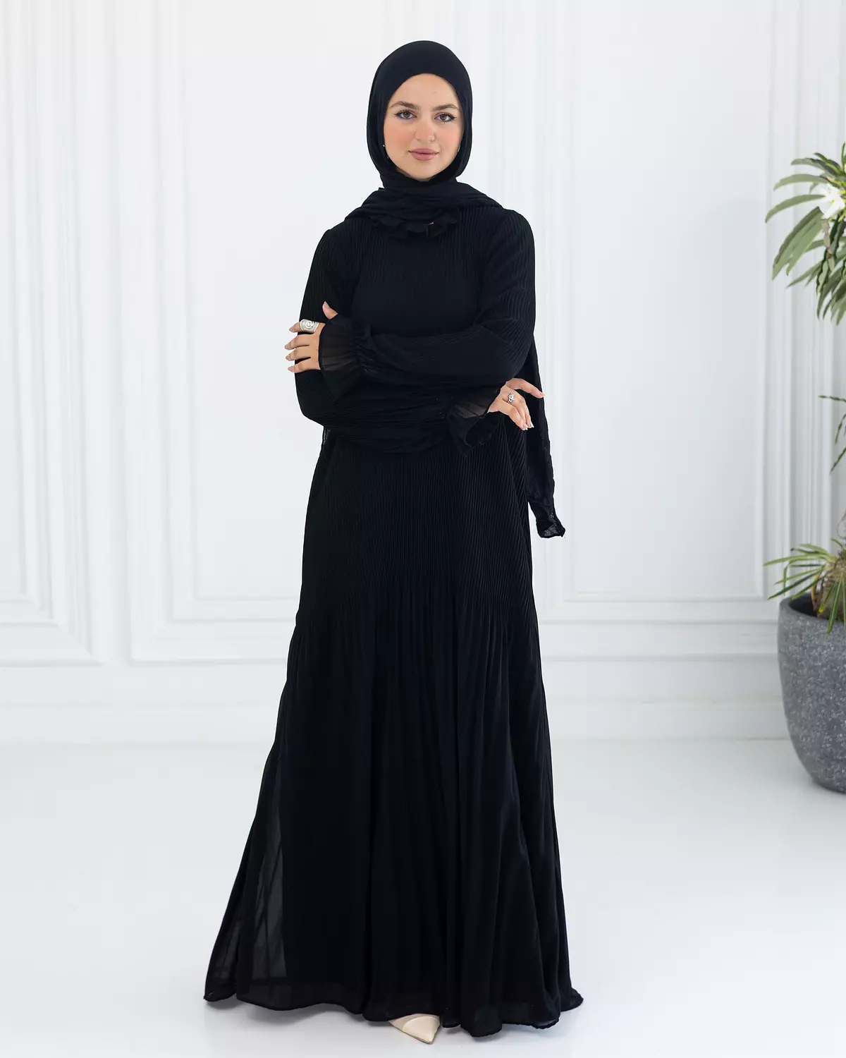 Chiffon Pleated Dress | Black image