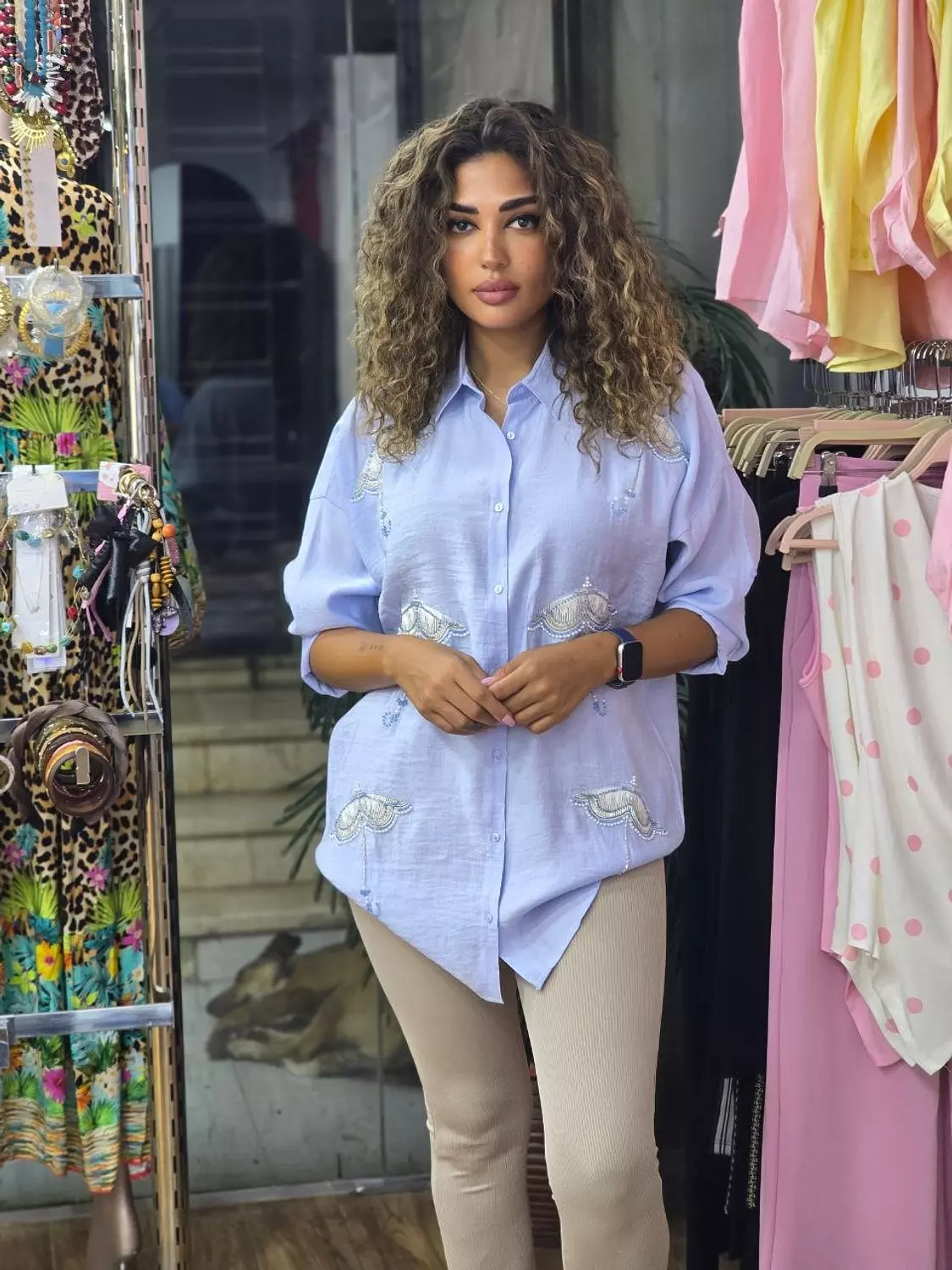 Baby blue Umbrella embroidered linen shirt 🌂  2