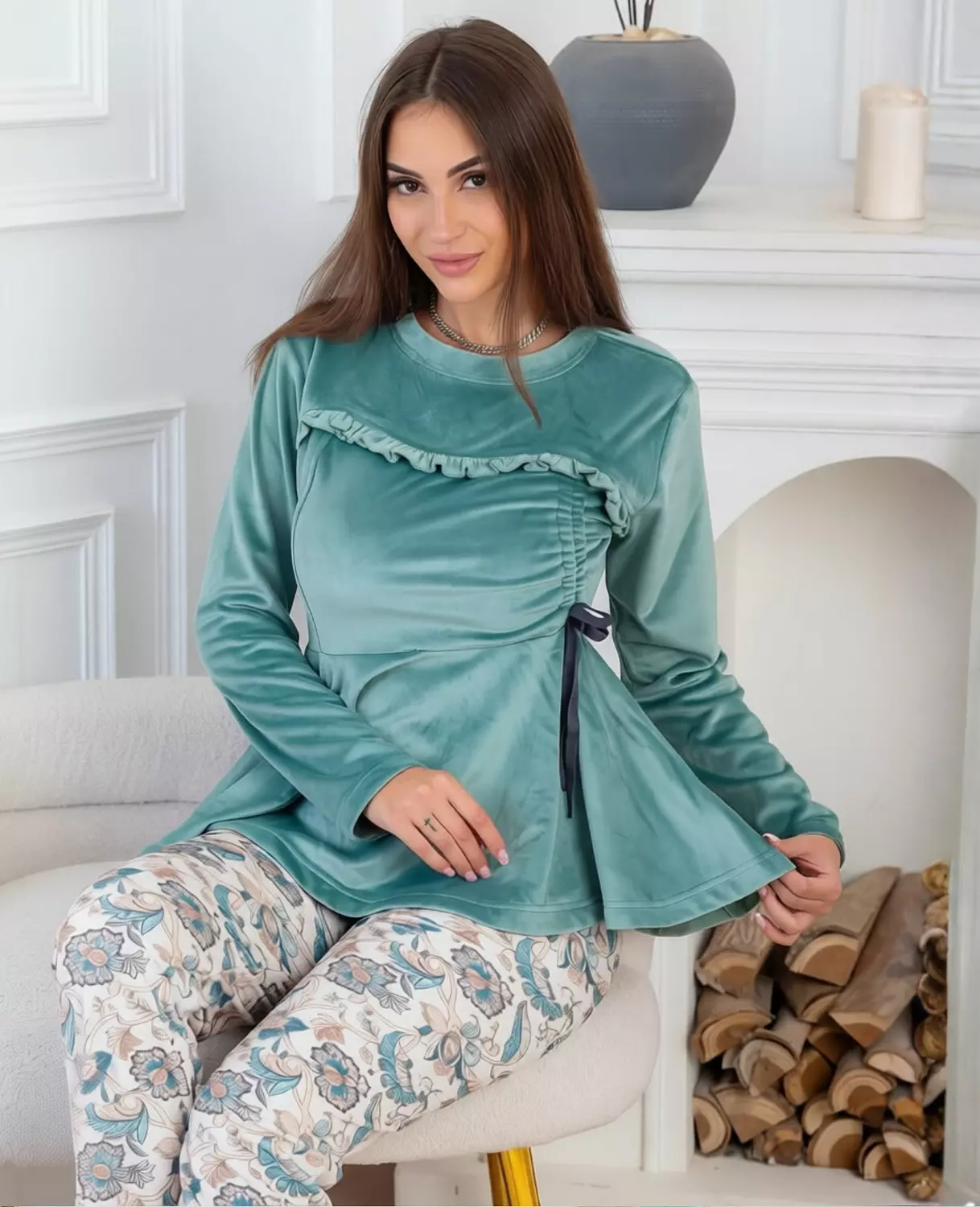 2-Piece Velvet Peplum Lounge Set hover image