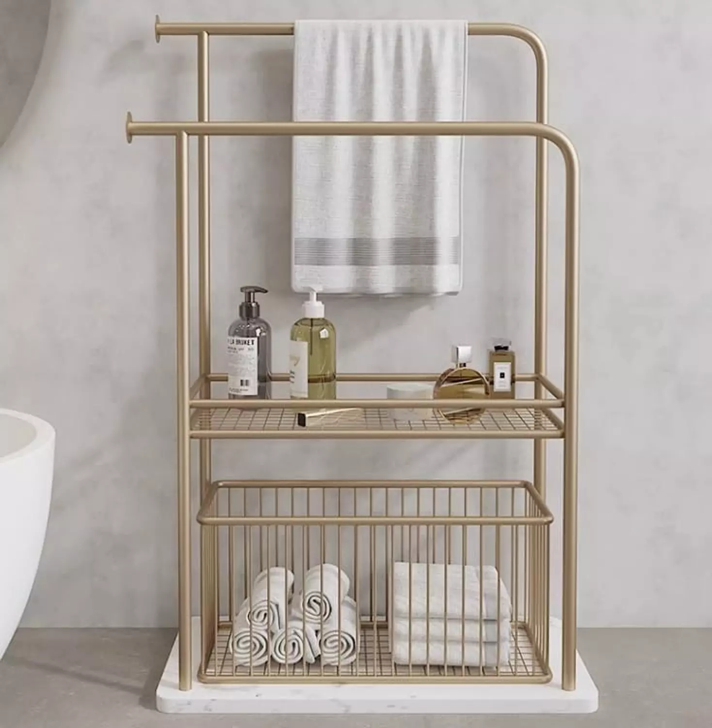 Bathroom towel organizer with clothes basket  hover image