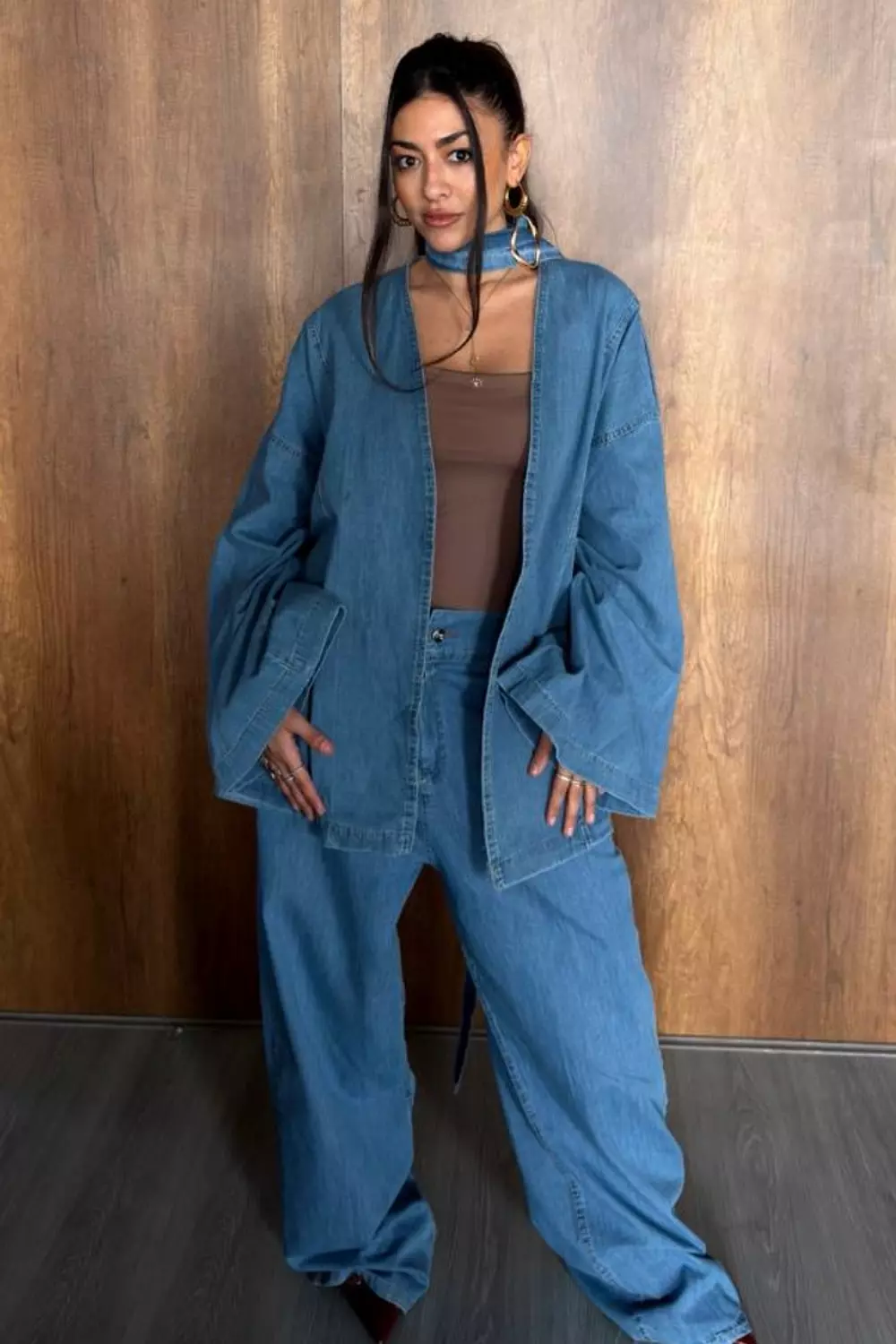 Summer Denim Kimono Set with Batwing Sleeves & Wide-Leg Pants 5