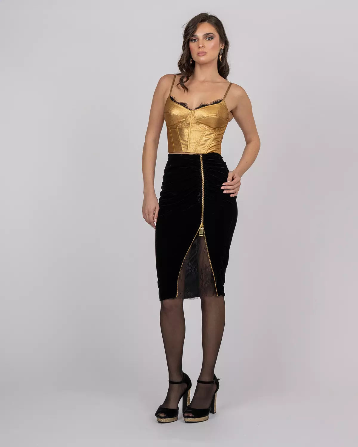 Black Silk Velvet Midi Skirt hover image