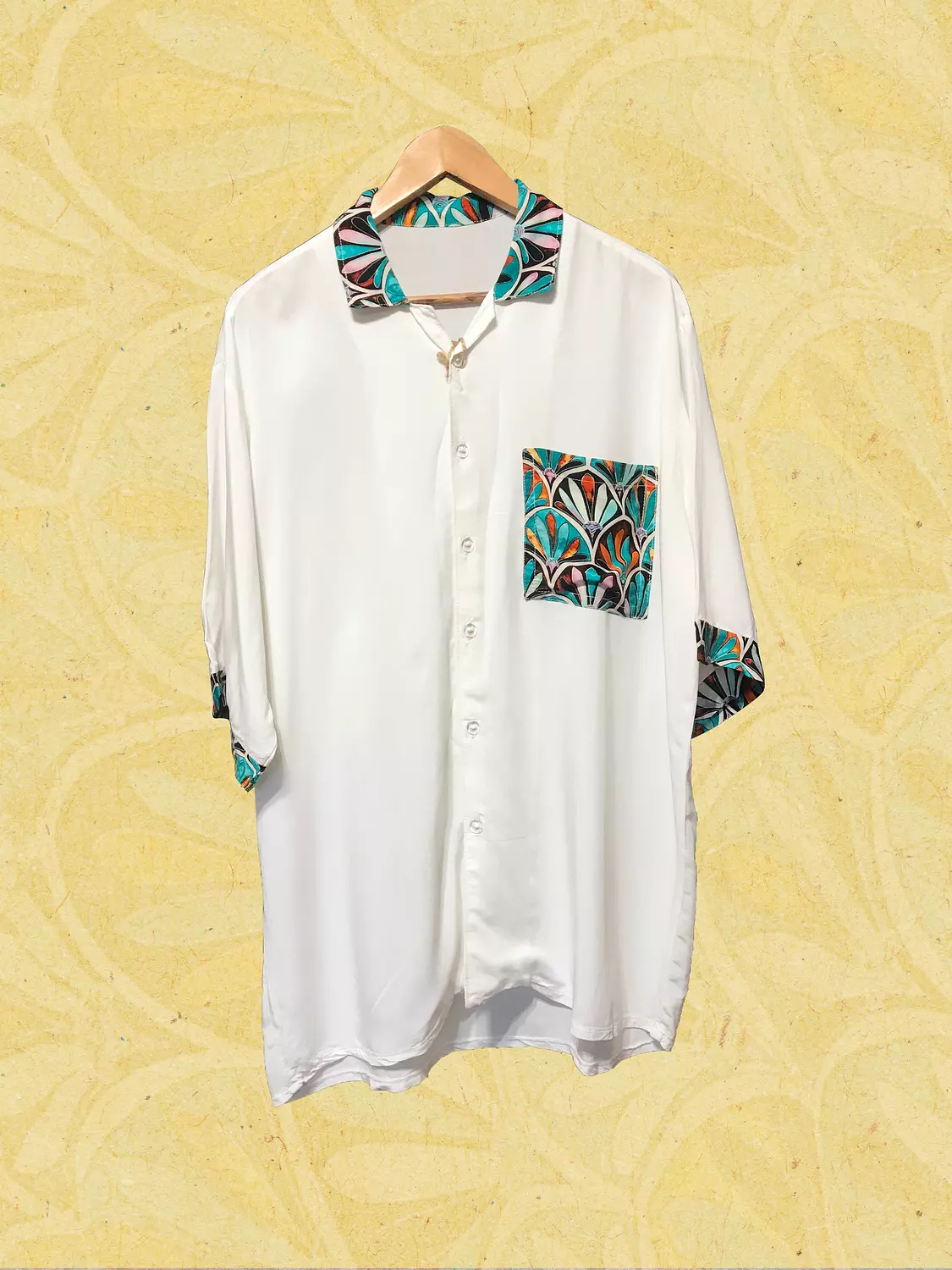 Loosefit White Viscose Shirt w/Green Pattern Patching image