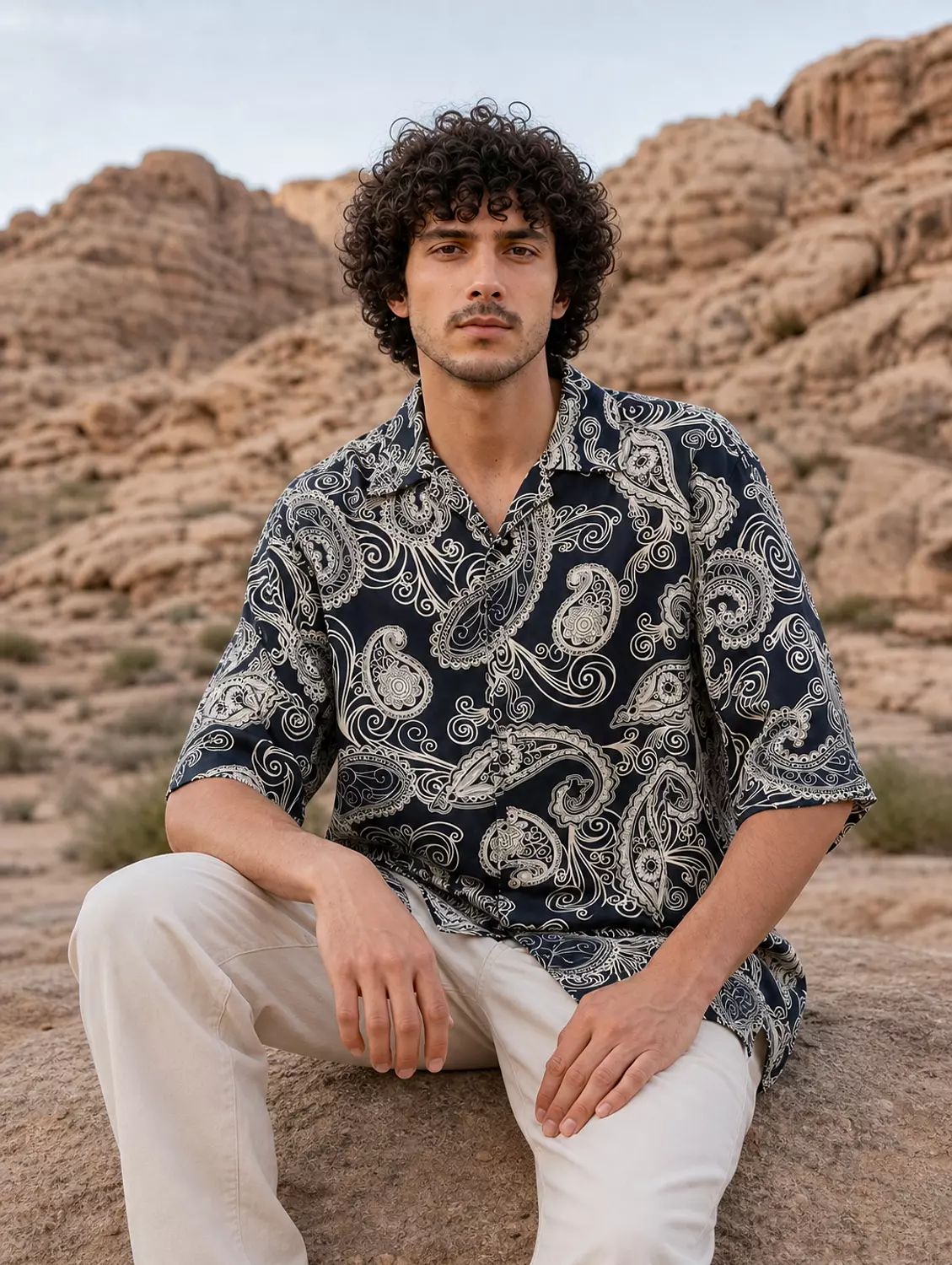 Loosefit Navy Blue Wave Patterned Viscose Shirt 1