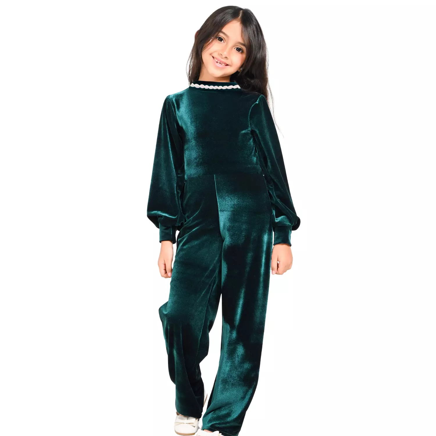 Girls Velvet Jumpsuit with Puff Sleeves and Pearl Collar Detail 8