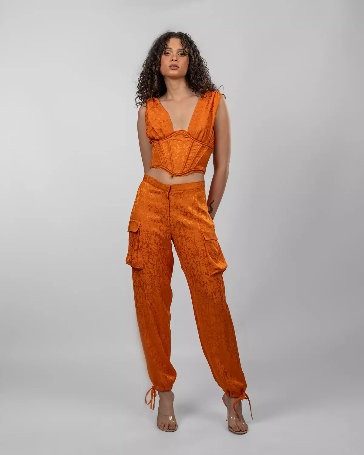 Jacquard Silk Satin Corset - Orange hover image