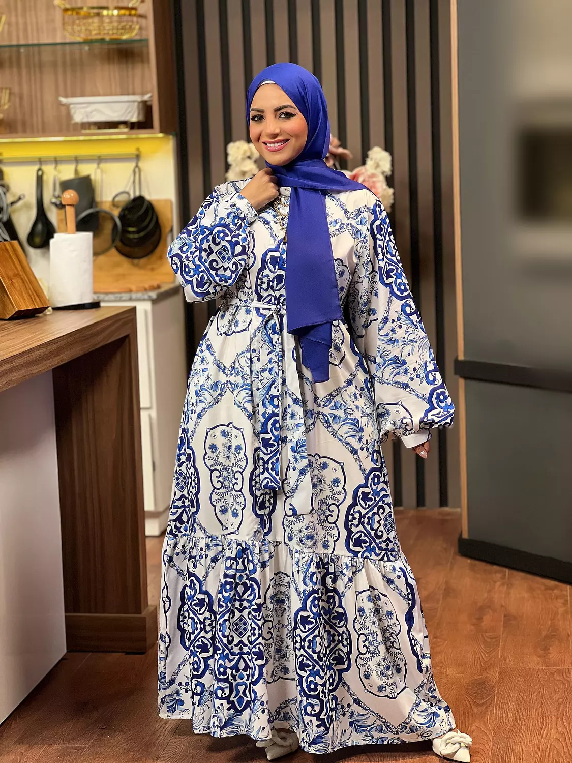 Soft Printed Dress With Long Sleeves - Blue & White image