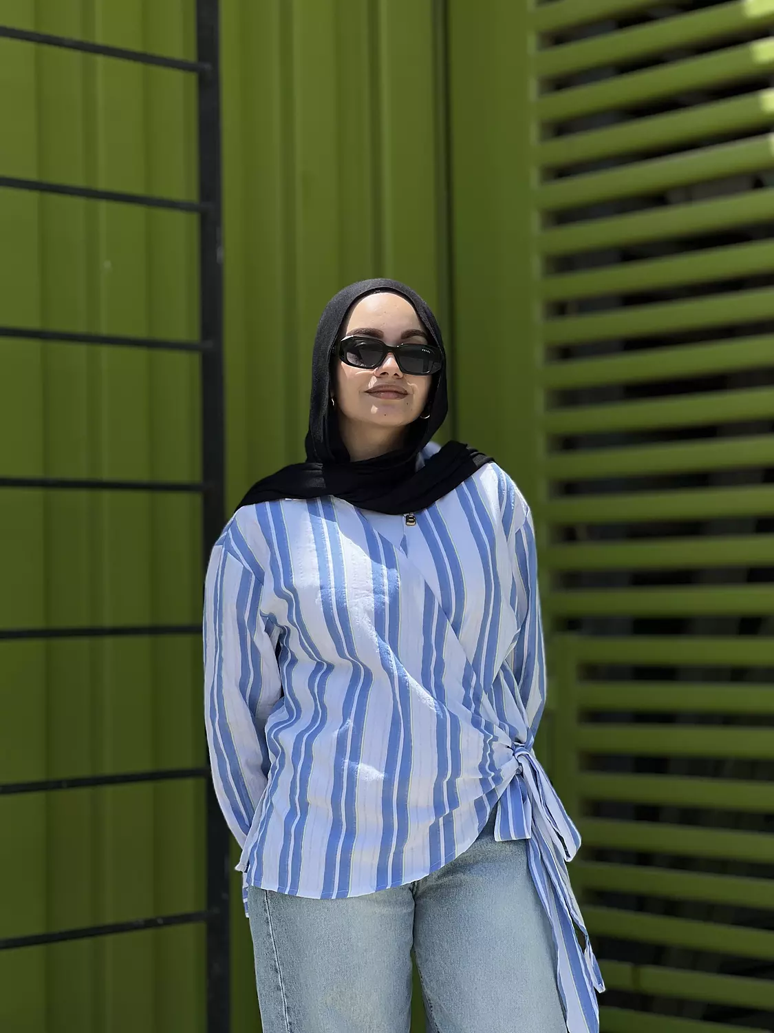 White blouse with double blue lines and side tie 1
