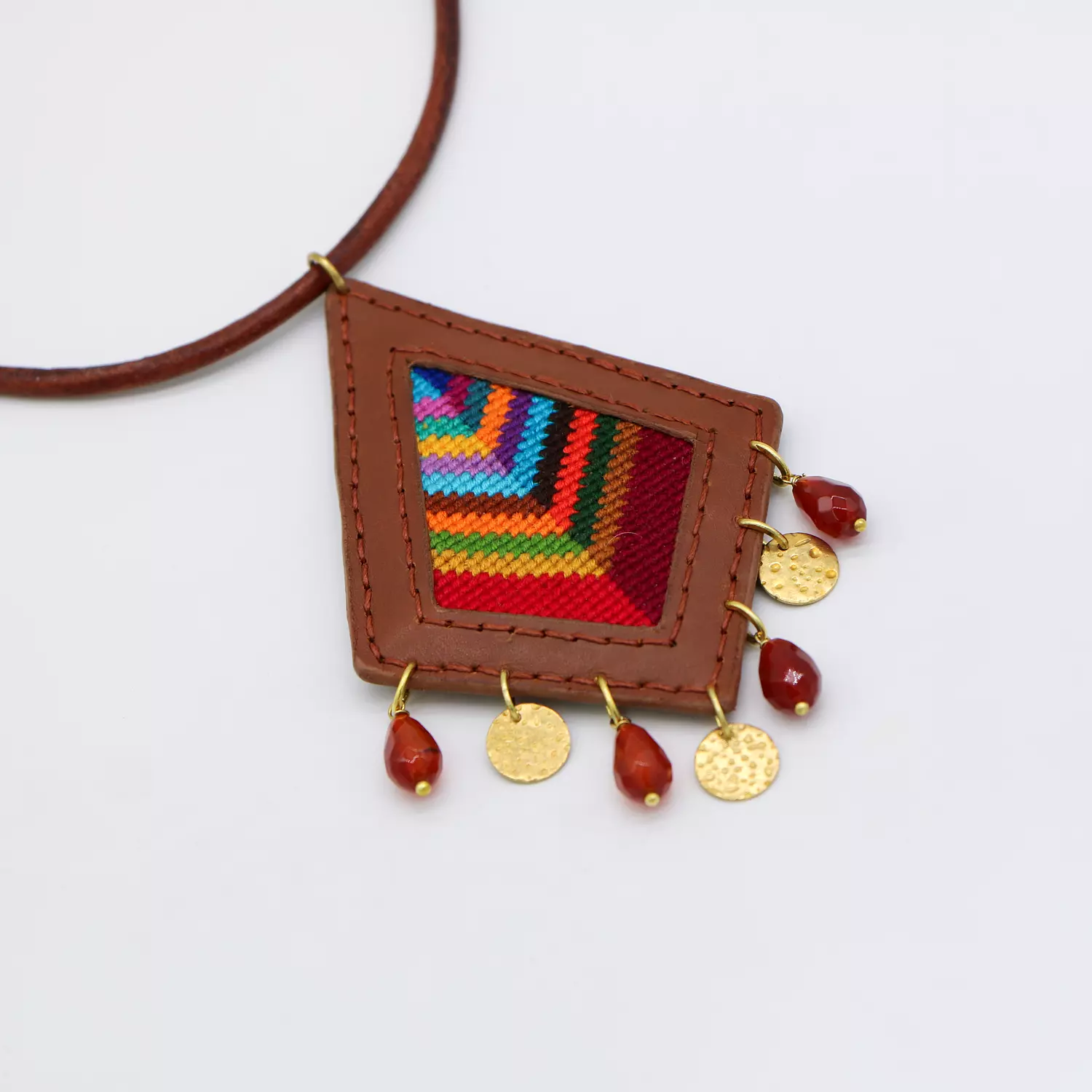 Genuine leather necklace with colorful Cross-stitching, brass and agate stones. image