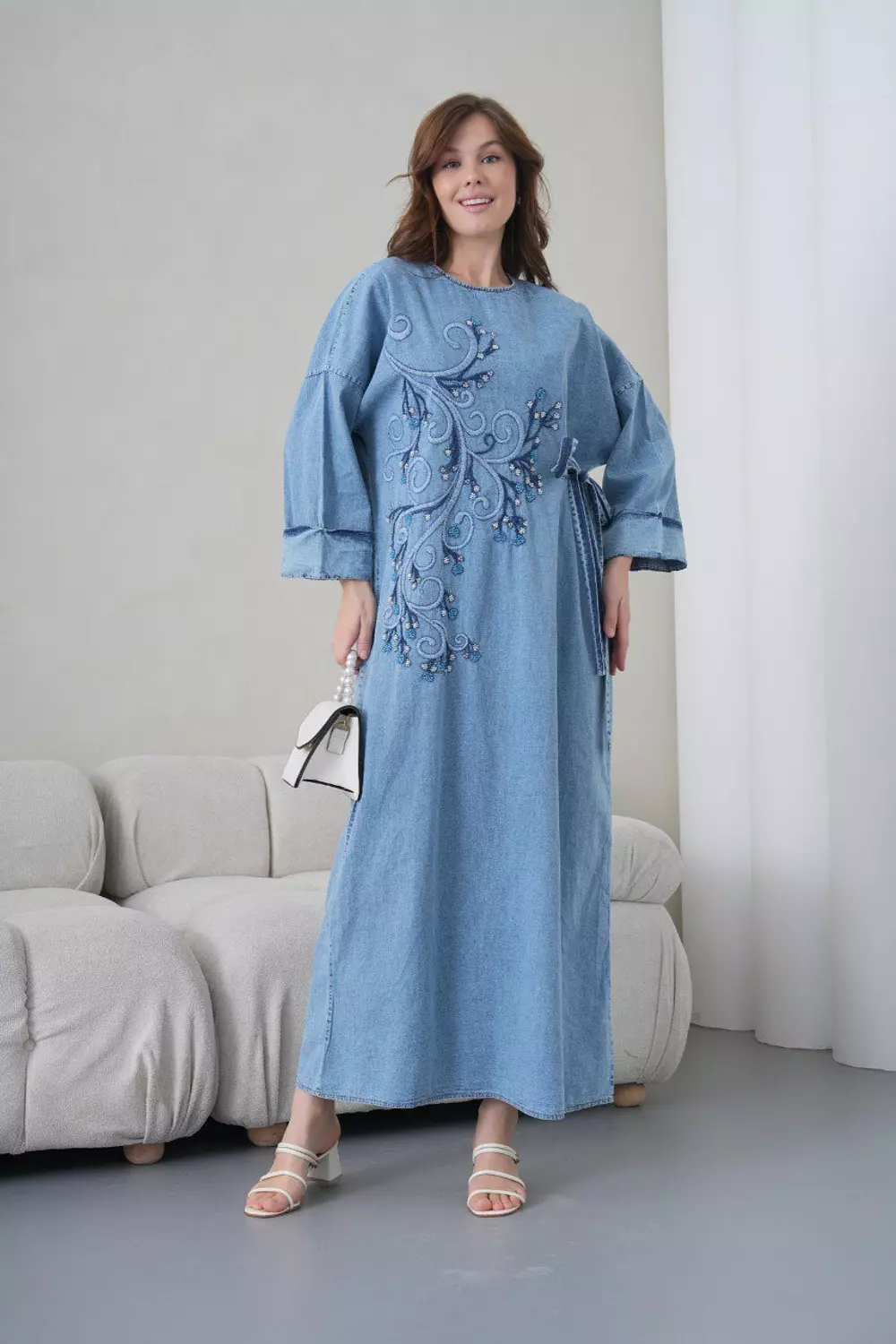 Light blue floral sequin embroidered denim dress with side tie  6